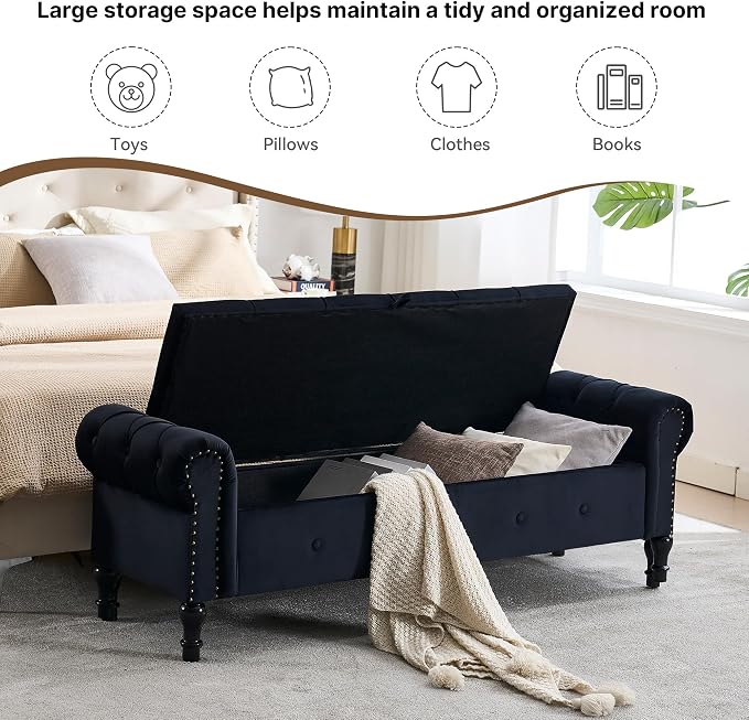 Storage Bench 67" Velvet End of Bed Benches Black | King Size Storage Bench for Bedroom with Rolled Arms Tufted Ottoman Benches Upholstered Bench for Living Room Entryway