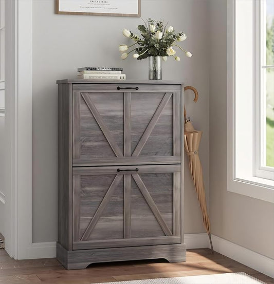 Smart FENDEE Shoe Cabinet, Shoe Storage Cabinet for Entryway with 2 Flip Drawers, Narrow Farmhouse Shoe Organizer Cabinet, Slim Shoe Rack Cabinet, Gery