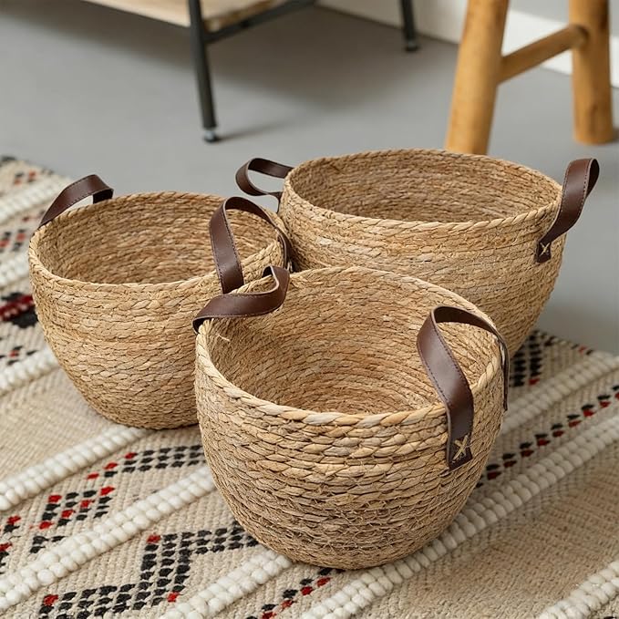 GIB Round Seagrass Storage Baskets Woven Wicker Planter Baskets for Decor | Decorative Basket for Blankets, Plants, Shelves Organizing, Natural Rattan, Leather Handles, 13", 12" & 11", Set of 3