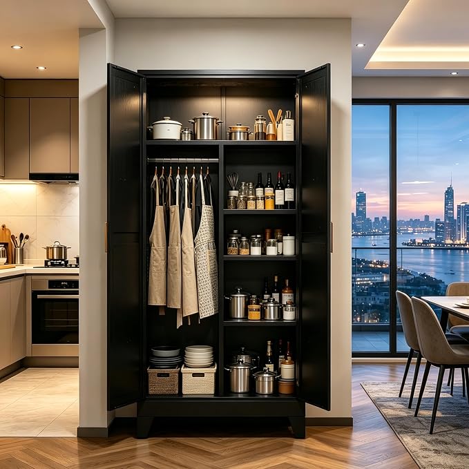71" H Tall Pantry Cabinet with Doors,Kitchen Pantry Cabinet,Black Metal Storage Cabinets,Garage Storage Cabinet,Food Storage Cabinet with Doors and Shelves