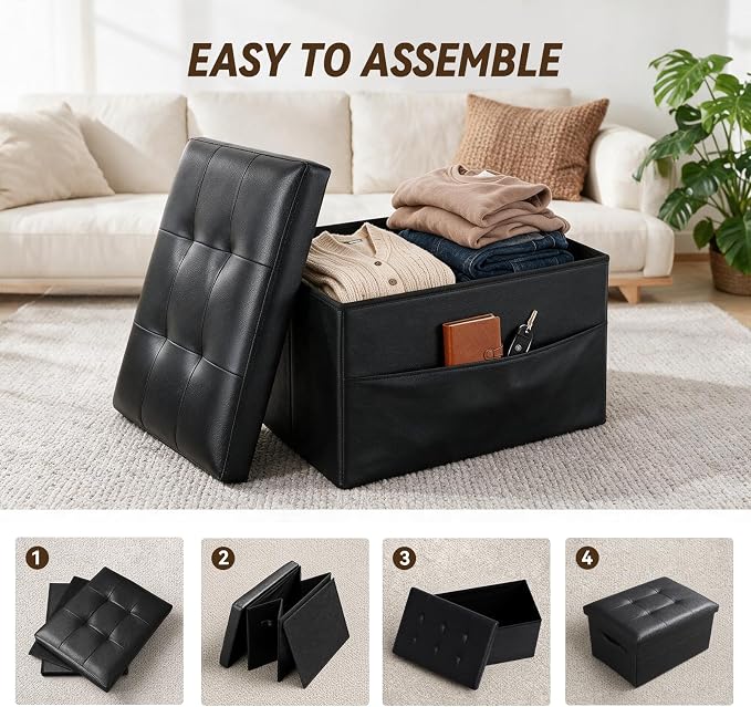 Storage Ottoman Foot Rest Bench with Side Pocket, Small Faux Leather Ottoman with Storage, Foot Stool with Storage for Living Room, Bedroom, Entryway, Dorm. 350LBS, 17x12.6x12.6in, Black.