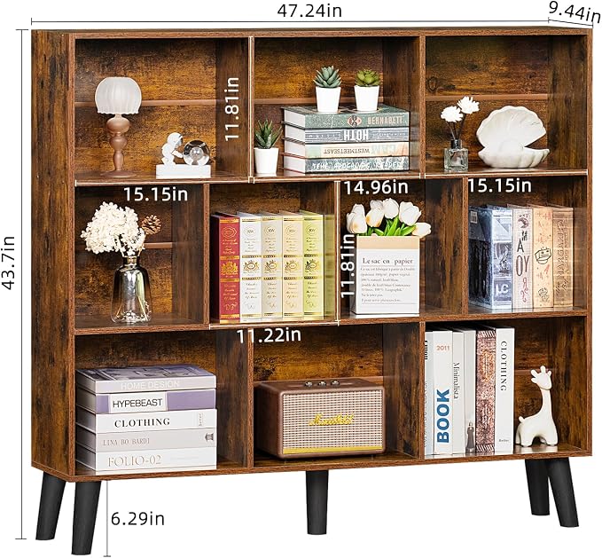 LEYAOYAO 10 Cube Bookshelf, Mid-Century Modern Book Shelf with Legs, Brown | 3 Tier Bookcase, Rustic Wood Bookshelves Freestanding Large Storage Organizer, Open Shelves for Bedroom, Living Room, Office