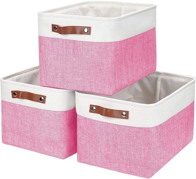 Bagnizer Storage Bins Large Fabric Storage Baskets for Shelves 3 Pack, Decorative Linen Closet Baskets with Handles for Organizing, Shelf, Clothes, Home, Office, 15x11x9.5Inches (Pink&White)