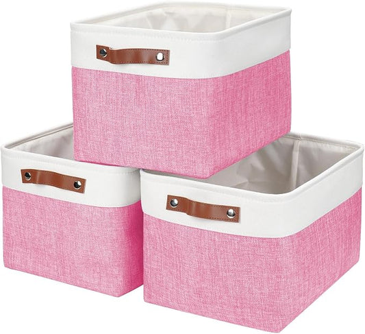 Bagnizer Storage Bins Large Fabric Storage Baskets for Shelves 3 Pack, Decorative Linen Closet Baskets with Handles for Organizing, Shelf, Clothes, Home, Office, 15x11x9.5Inches (Pink&White)