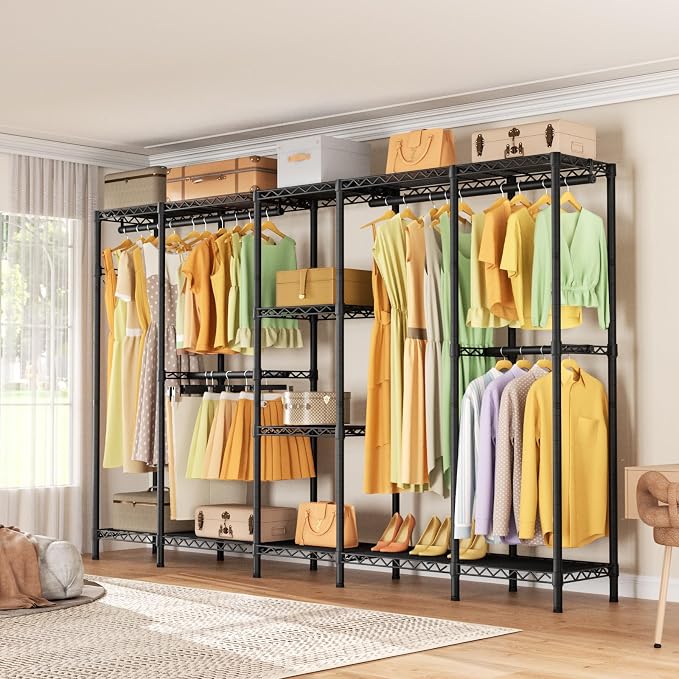 Golpart Heavy Duty Clothes Rack Metal Wardrobe with Adjustable Wire Shelves | Closet Organizers and Storage Clothing Rack Metal System Freestanding Hanging Clothes System Free Standing Garment Coat Racks