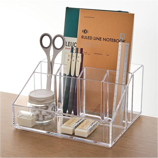 STORi Stackable Desk Organizer, Clear Pen Pencil Makeup Brush Holder for Desktops and Vanities, 6 Compartment Caddy (Made in USA)