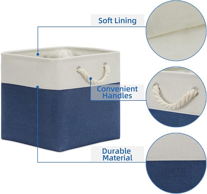Temary Fabric Storage Cubes for Organizing 4Pack Blue Fabric Storage Basket 12 Inch Cube Storage Bins with Handles for Organizing Toys, Shelf Baskets for Home Office Closet (White&Blue)
