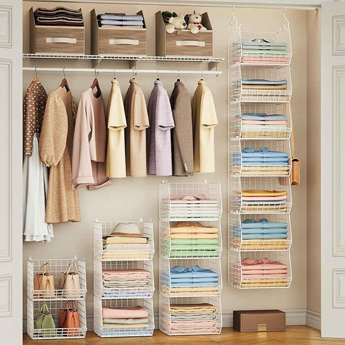7 Tier Hanging Closet Organizer and Storage, Foldable Wire Closet Shelving with 4 Large Hooks+5 S Hooks,Hanging Basket for Clothes Sweaters Shoes Handbags,Wardrobe Kitchen Laundry Room-White