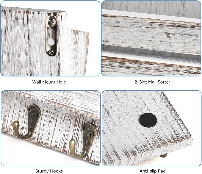 Mail Organizer Wall Mount with 4 Key Hooks, Rustic Wooden Hanging Mail Sorter Farmhouse Key Holder for Wall Decoration, 2-Slot Wall File and Magazines Bill Letter Holder