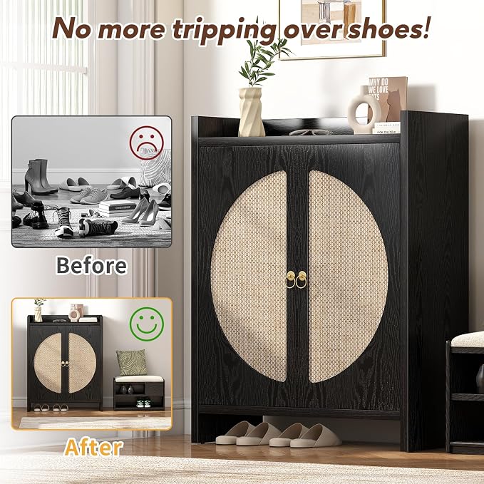 Shoe Cabinet Storage for Entryway - Rattan Entry Way Shoe Storage Cabinet with Adjustable Shelves, Wood Shoe Organizer Cabinet, Accent Cabinet with Doors for Entrance Hallway Living Room Foyer