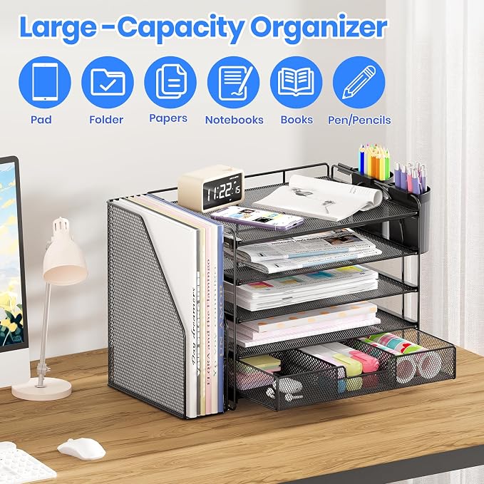 OPNICE Desk Organizer, 5-Tier Desktop File Organizer with Drawer and Pen Holders, Office Desk Accessories, File Sorters, Workspace Organizers for Office Supplies(Black)