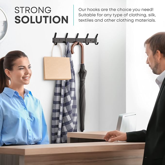 Coat Rack Wall Mount – 15 Inch Stainless Steel Hook Rail with 5 Double Coat Hooks for Hanging – Wall Mounted Entryway Organizer for Coats, Hats, Bags, Towels, Robes, Closet or Bathroom - Black 2 Pack