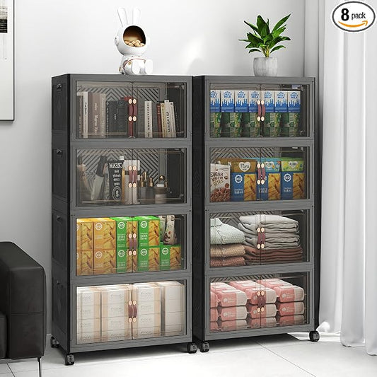 UAMFURI Stackable Storage Bins with Lids, 384QT Lockable Storage Cabinet | Folding Storage Box with Doors and Wheels, Collapsible Plastic Drawers for Home, Garage, Office