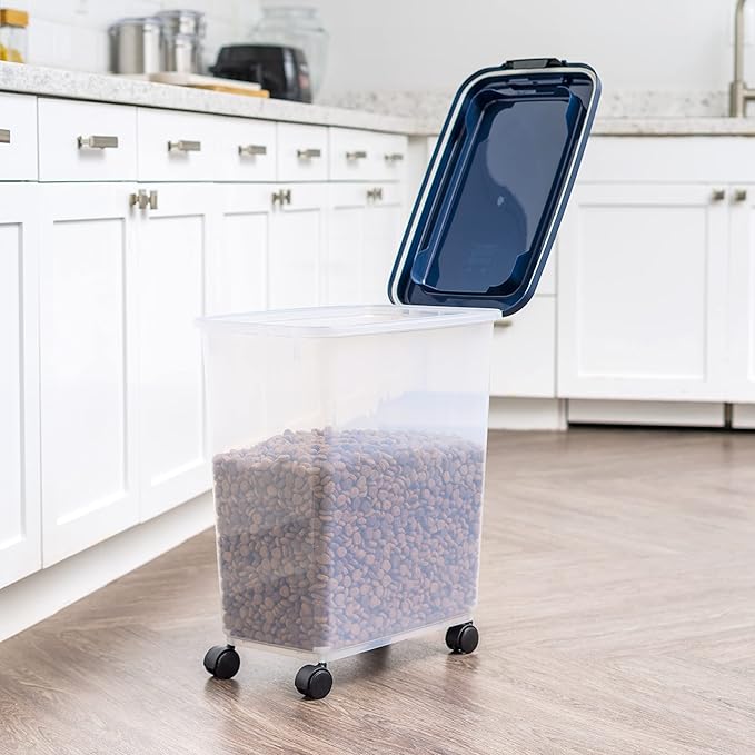 IRIS USA Airtight Dog Food Storage Container, Up to 40 lbs, Attachable Wheels, For Dog Cat Bird and Other Pet Food Storage Bin, Keep Fresh, Translucent Body, Easy Mobility, Navy | Clear Plastic Bin with Snap-Lid Seal and Wheels to Keep Kibble, Pellets,...