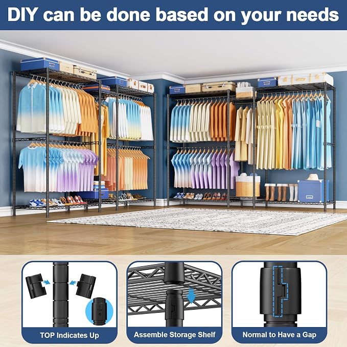 E12 Max Clothes Rack，Heavy Duty Freestanding Garment Rack with Shelves，Metal Clothing Closet Storage System for Hanging Clothes，83" W x 16" D x 76.5" H, Hold 1060 lbs，Black