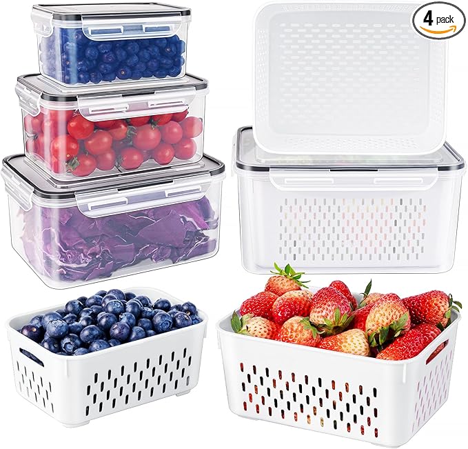 Freshmage Fruit Storage Containers for Fridge with Removable Colander, Airtight Food Storage Container, Dishwasher Safe Produce Saver for Refrigerator, Keep Berry Fruit Fresh Longer 4 pcs Small Clear | Airtight Food Storage Container Dishwasher Safe Pr...