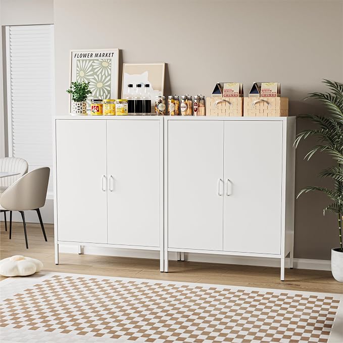 COFaR White Metal Storage Cabinet, 40” Kitchen Buffet & Coffee Bar Cabinet with Adjustable Shelves, 3-Tier Steel Organizer with Magnetic Doors, Sideboard for Dining Room, Home Office