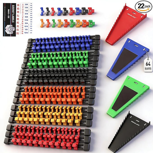22-Piece Socket Organizer & Magnetic Wrench Organizer Set, 1/4", 3/8", 1/2" Drive Socket Holder, Total 64 Slots Metric & SAE Magnetic Wrench Holder (Socket, Wrenches not Included)