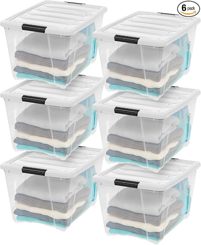 IRIS USA 6-Pack 54 Quart Storage Bins with Lids, Clear/White | Removable dividers organize tools, pantry goods, and household supplies. Stackable design saves space