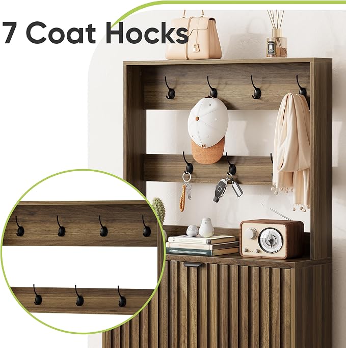 Smart FENDEE Tall Shoe Cabinet with Coat Rack,Fluted Shoe Cabinet Storage for Entryway, Walnut Hidden Shoe Cabinet with Metal Legs,Shoe Organizer Cabinet, Slim Entryway Shoe Storage Cabinet （31.5in）
