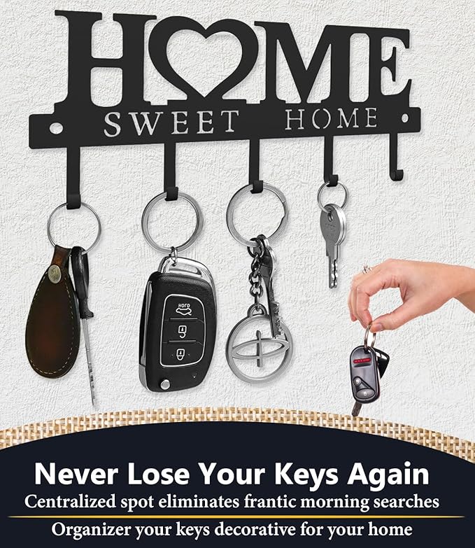 Key Holder Hooks Organizer Hanger Rack Wall Mounted Sweet Home Metal Decor Stylish and Practical for Entryway Front Door Kitchen Hallway Garage Mudroom Office Hardware Included Black (Sweet 13 inches)