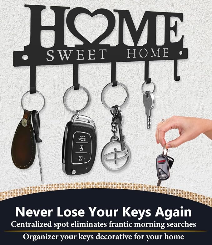 Key Holder Hooks Organizer Hanger Rack Wall Mounted Sweet Home Metal Decor Stylish and Practical for Entryway Front Door Kitchen Hallway Garage Mudroom Office 9.8inches/25cm Hardware Included Black
