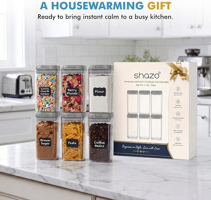 Shazo Airtight Food Storage Containers with Lids - 6 PC BPA Free Clear Plastic Cereal Containers with Easy Lock Lids for Kitchen and Pantry Organization for Snacks and Pasta - 1.2L