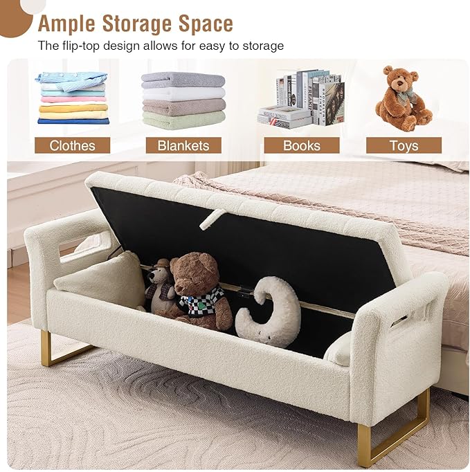 66" King Size Storage Bench for Bedroom End of Bed Benches with Storage | Bedroom Benches for Foot of Bed King with Gold Legs,2 Pillows,Storage Ottoman Bench for Bedroom,Entryway Teddy Ivory White