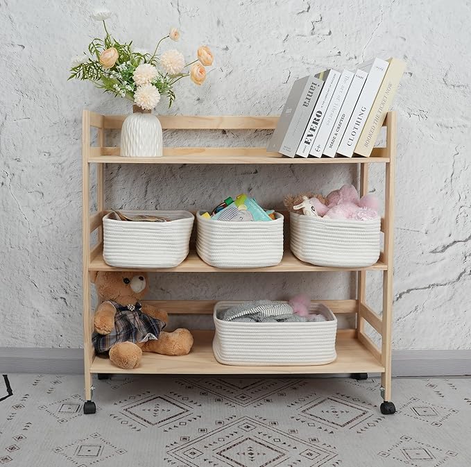 XUANGUO Small Woven Storage Baskets for Shelves, 12" x 8" x 5", White | Decorative rope storage bins for closets and toy storage; cute organizer baskets, empty gift baskets and nursery storage.