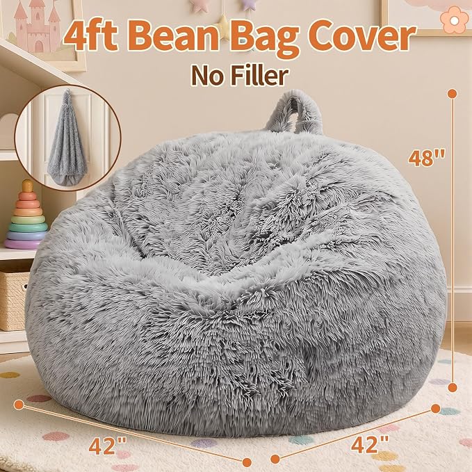 Stuffed Animal Storage Bean Bag Chair Cover, Soft Bean Bag Cover | Fluffy Faux Fur Stuffed Animal Storage Chair, Non-Slip Bottom, Fill with Plush Toys or Blankets, for Adults Teens Kids Girls