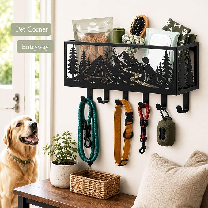 Custom Dog Leash Holder for Wall Outdoor Pet Supply Organizer with Basket | Personalized dog leash holder with storage basket, mountain dog design, wall mount organizer for leash, keys and pet supplies