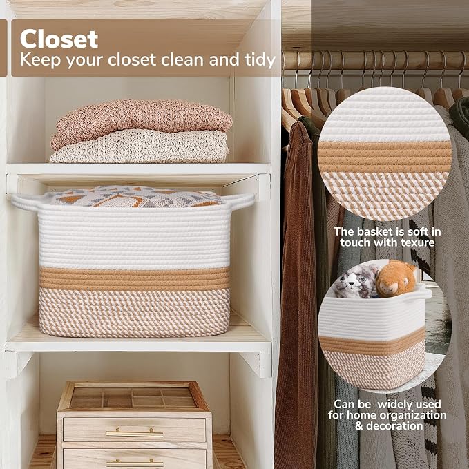 Goodpick Woven Rope Storage Basket, 13" x 10" x 9", White & Camel Mix | Gift Baskets Empty for Kids Toys & Towels, Shelf & Closet Organization, Built-In Handles, Natural Home Decor
