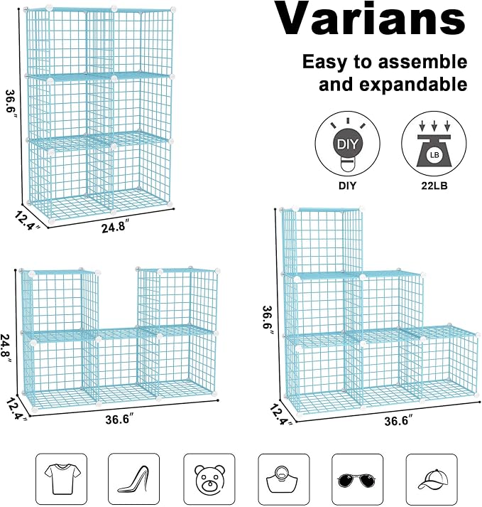 C&AHOME Wire Cube Storage, 6 - Cube Organizer Metal C Grids Units, Blue | Modular Shelves Units, Closet Organizer, Storage Bins Shelving, Ideal for Home, Office, Living Room