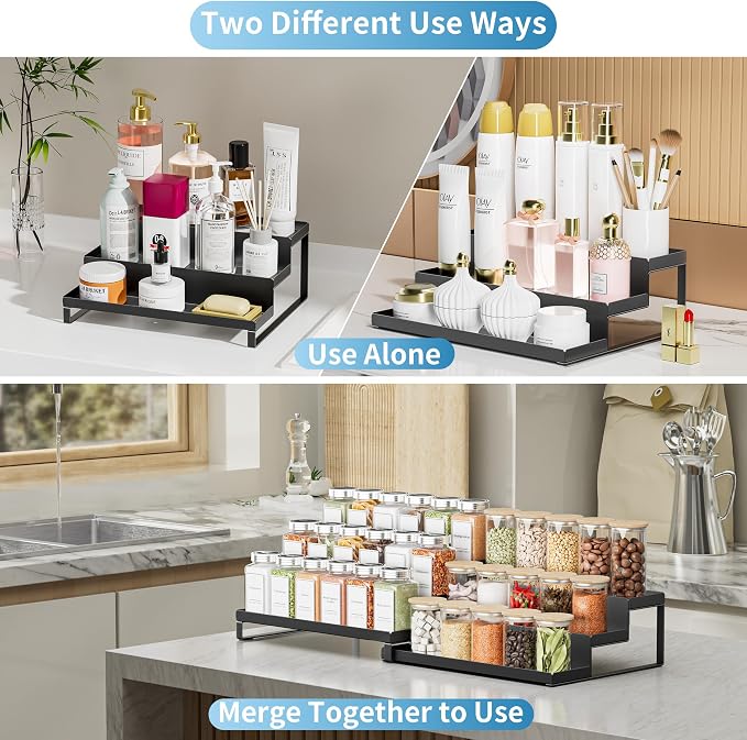 BOIVSHI Spice Rack Organizer for Cabinet, Spices Neatly Organized | Expandable Spice Rack, Metal Spicy Shelf, 3 Tier Seasoning Organizer for Cabinet, Countertop, Pantry, Black