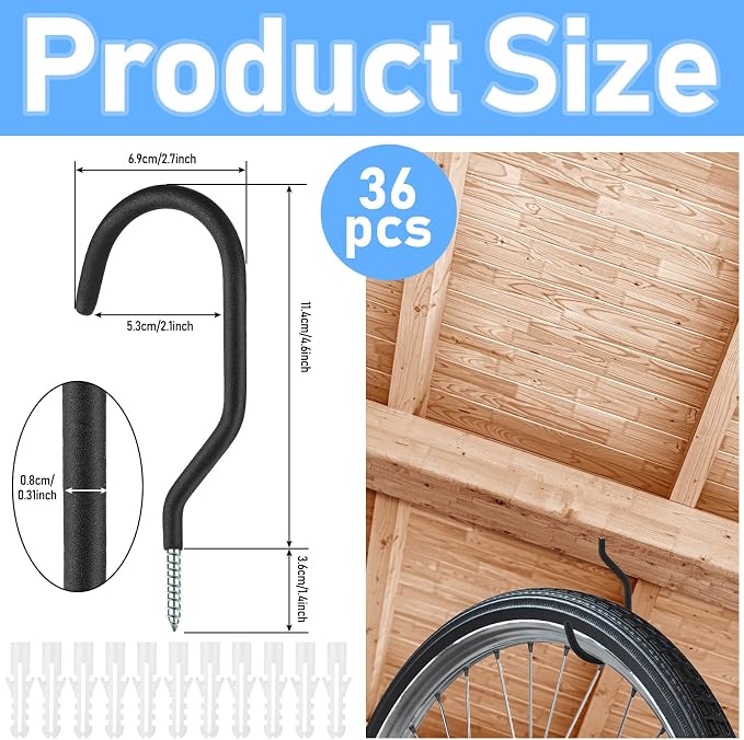 36 Pcs 6 Inch Heavy Duty Bike Hooks for Garage, Bike Hooks Hanger for Wall Bicycle Storage with Hanging Screw Loading Capacity 100 Lbs