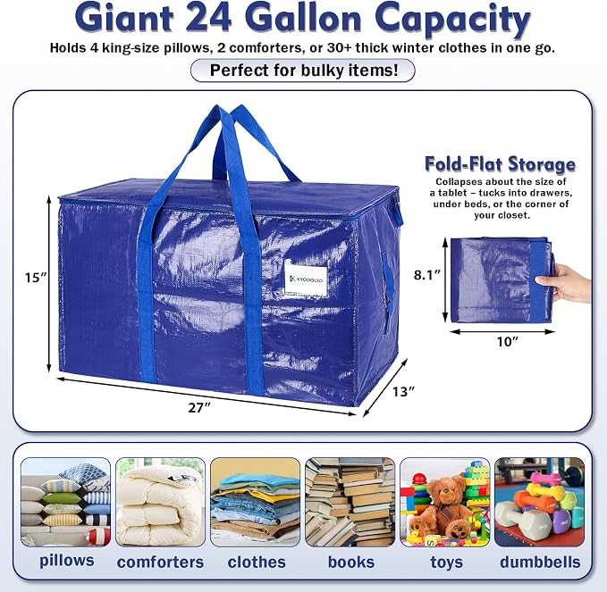KYODOLED 6 Pack Extra Heavy Duty Blue Moving Bags - Large Move In & Packing Bags for College Students, Sturdy Storage Totes with Strong Zipper & Comfortable Handles for Clothes Storage