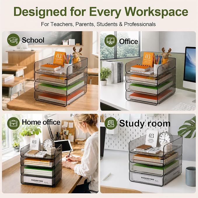 FANXIYQ 4-Tier Acrylic Paper Tray Organizer, Brown Office Paper Organizer | Stackable, Tool-Free Design with 2-4 Tiers for A4 Paper, Files, Books and Mail; Ideal for School, Home Office and Study Room