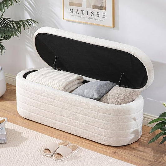Teddy Sherpa Storage Ottoman Bench, Modern Upholstered Window Bench with Safety Hinge Lid, Oval White Ottoman for Living Room, Bedroom End of Bed