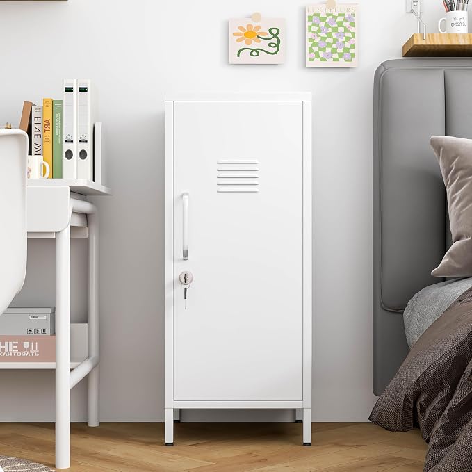 PAOFIN 35" Metal Storage Locker, Lockable Employees Metal Locker with Door and Adjustable Shelves, Steel Locker for Home, School, Office, Gym (White)