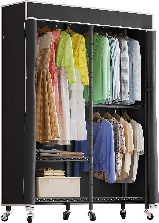 Higeego H9 Garment Rack with Cover, Heavy Duty Clothing Rack for Hanging Clothes, Portable Closet with wheels, Wardrobe Closet with Adjustable Shelves, Black Rack Shelf with Black Fabric Cover