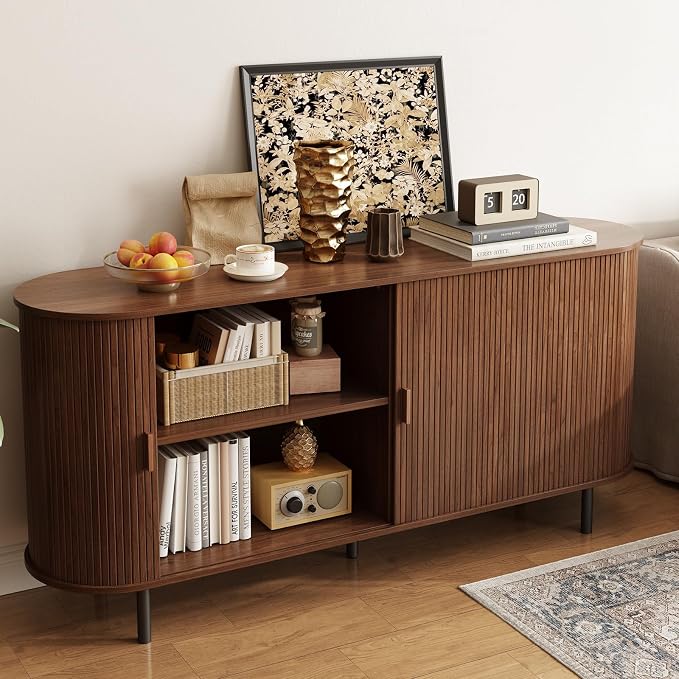 63" Sideboard Buffet Cabinet with Storage, Storage Cabinet with Sliding Door & Adjustable Shelf, Modern Accent Coffee Bar Console Table for Kitchen, Entryway, Walnut