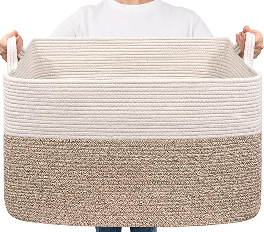 Goodpick Extra Large Cotton Rope Basket, Rectangle, White & Light Brown | 85L, 23.6 x 15.7 x 13.8 in, Handles, Blankets, Toys & Dirty Clothes Storage, Living Room, Nursery & Bedroom Organization