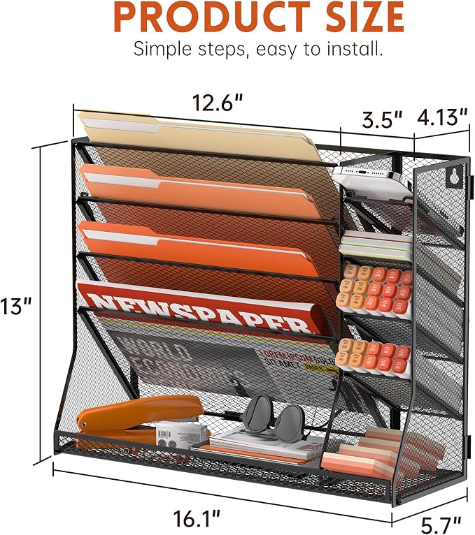 5-Tier Wall File Organizer with 4 Pen Holders and R-Shaped Tray, Black | 5-Tier Wall Organizer and Wall File Organizer with 4 Pen Holders and R-Shaped Base for Wall Mount or Desktop Use