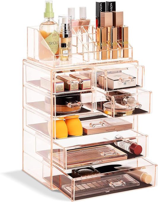 Sorbus Acrylic Makeup Organizer Set, 7-Drawer Vanity & Countertop Cosmetic Storage with Small & Wide Compartments, Pink Makeup Storage for Brushes, Jewelry – Holiday Gift for Women & Teens