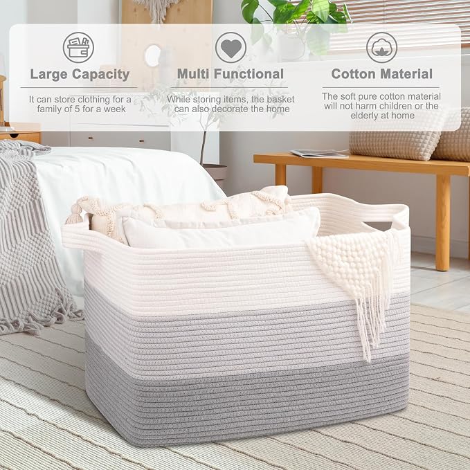 OIAHOMY Extra Large Blanket Basket, 110L Cotton Rope Woven Laundry Basket, Toy Bin for Baby Room, Container for Blanket Storage in Living Room, 24.8''×17.3''×15.8'', Gradient Grey