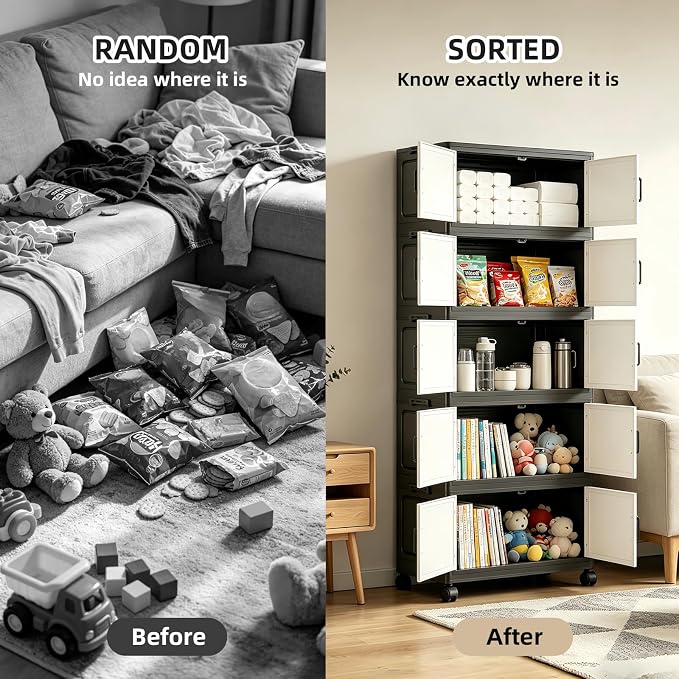 3 Tier Foldable Storage Cabinet with Wheels and Magnetic Doors | Premium PP Material Large Storage Organizer, Space-Saving Utility Storage for Home, Apartments, Dorm, Office, Rv