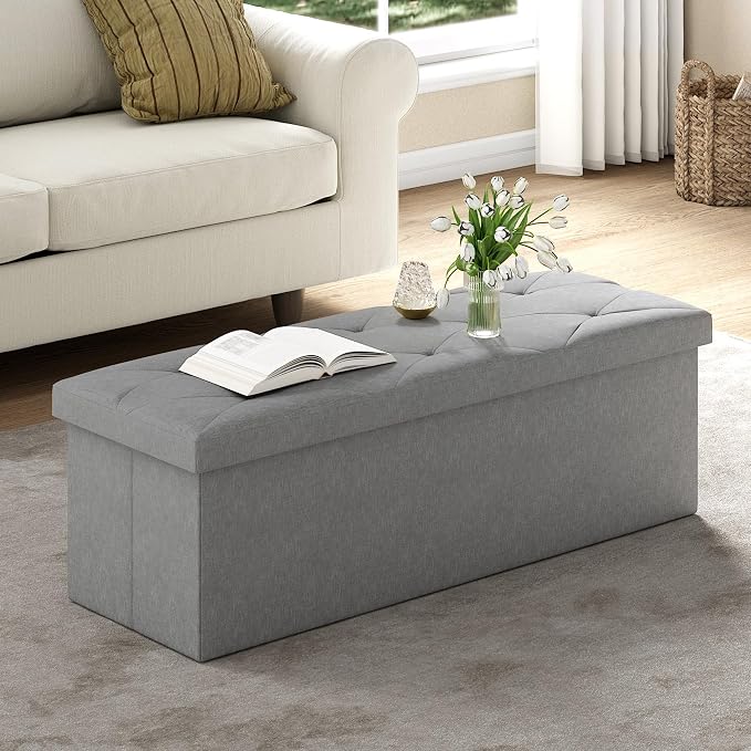 VECELO 43'' Folding Storage Ottoman Bench, Storage Chest, Linen Fabric Foot Rest Stool, 158L Storage Footstools for Bedroom and Living Room, Holds up to 660 lbs, Grey