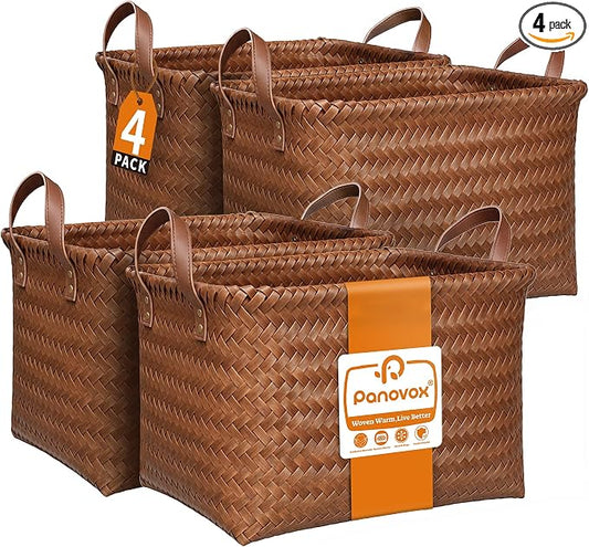Wicker Storage Baskets, 4 Pack Woven Baskets for Shelves, Brown | PP Rattan, Water-resistant Wicker Basket, Large Baskets with Faux Leather Handles for Blanket, Laundry Organizer, Room Decor