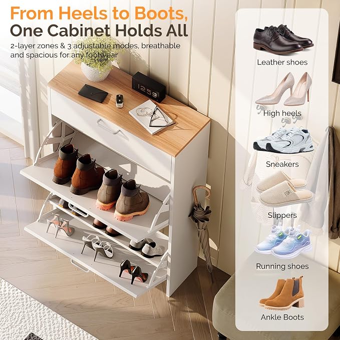 VINGLI Set of 2 Shoe Cabinet Storage for Entryway, Ultra Slim Shoe Organizer with 2 Flip & 1 Drop-Down Drawers, 2-Pack Narrow Shoe Cabinet 24.8" W for Front Door, Freestanding Modern White Shoes Rack