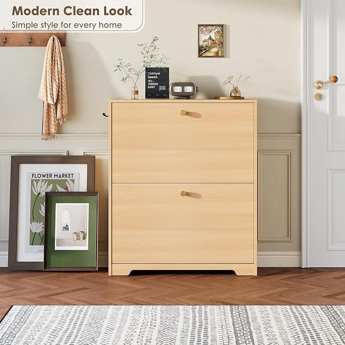 Nicetree Shoe Storage Cabinet with 2 Flip Drawers, Slim Shoe Cabinet, Hidden Shoe Rack Cabinet, Shoe Storage Cabinet for Entryway, Hallway, Foyer, Natural Oak